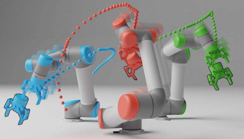 Three manipulators executing overlapping trajectories in a shared workspace
